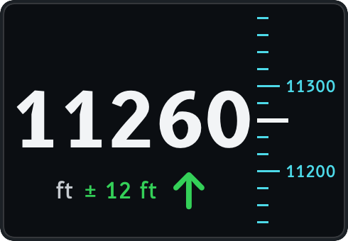 The altitude instrument reading 11,260 ft with a plus or minus figure, a cyan tape and a climbing arrow.
