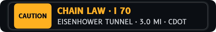 The alert row: an amber CAUTION tile and the message CHAIN LAW · I 70.