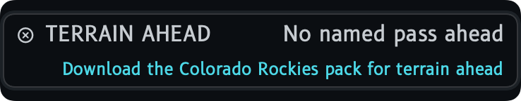 The terrain card unavailable, with a button offering to download the Colorado Rockies pack.