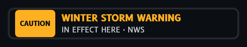 Design preview of an amber CAUTION master light with the message Winter Storm Warning, in effect here, from the National Weather Service.