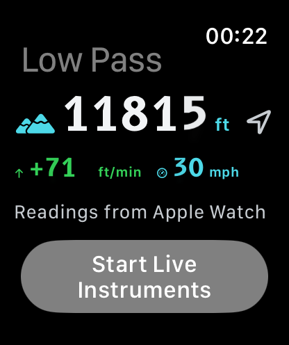 Apple Watch instruments during simulator replay: 11815 feet, climbing 71 feet per minute at 30 miles per hour.